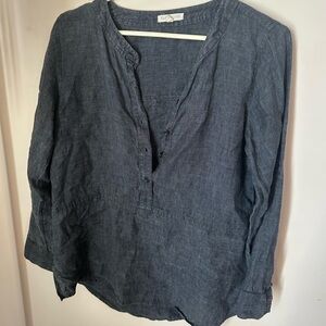 Eileen Fisher Dark Slate Blue Linen Split-Neck Top